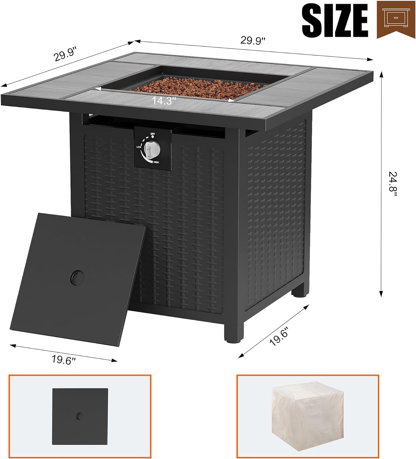 30 inch Propane Fire Pit, Square Gas Fire Pit Table with Grey Ceramic Tile Tabletop and Lid