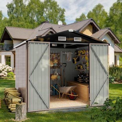Outdoor Storage Shed 3.6x6.4FT, Utility Steel Tool Shed with Lockable Door, Galvanized Metal with Air Vents for Garden Backyard Patio Lawn