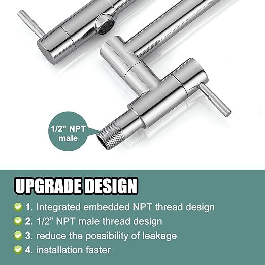 Kitchen Restaurant Faucet Polished Chrome 19 Inch Wall Mounted Folding Stretchable Double Joint Swing Arm Single Hole Two Handles Commercial NPT Stainless Steel Pot Filler