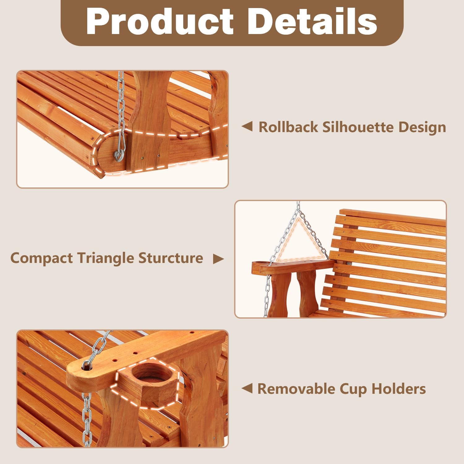 6.5FT Wooden Porch Swing 2-Seater, Outdoor Porch Swing with Cupholders, Heavy Duty 800 LBS, Swing Bench for Outdoor