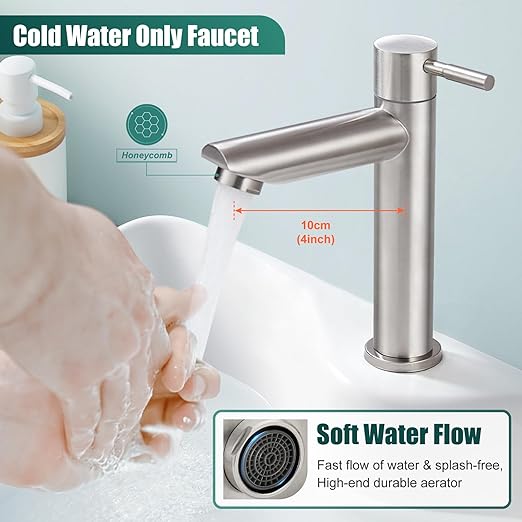 Cold Water Only Bathroom Sink Faucet Stainless Steel SUS304 Brushed Nickel Single Handle One Hole Deck Mount Lavatory Faucet (Drain Not Included)