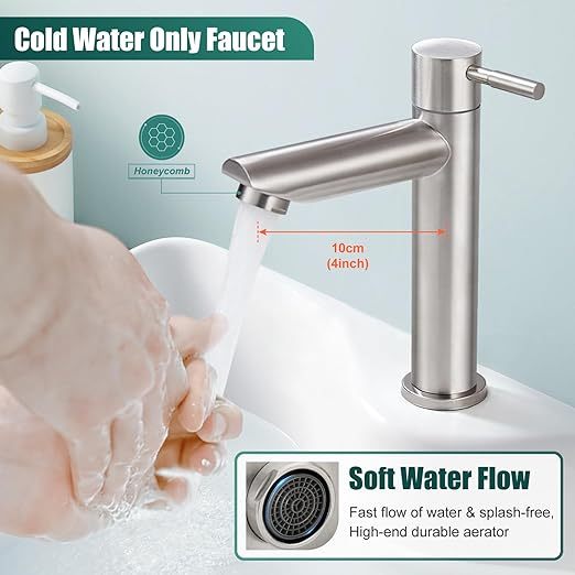 Cold Water Only Bathroom Sink Faucet Stainless Steel SUS304 Brushed Nickel Single Handle One Hole Deck Mount Lavatory Faucet (Drain Not Included)