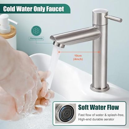 Cold Water Only Bathroom Sink Faucet Stainless Steel SUS304 Brushed Nickel Single Handle One Hole Deck Mount Lavatory Faucet (Drain Not Included)