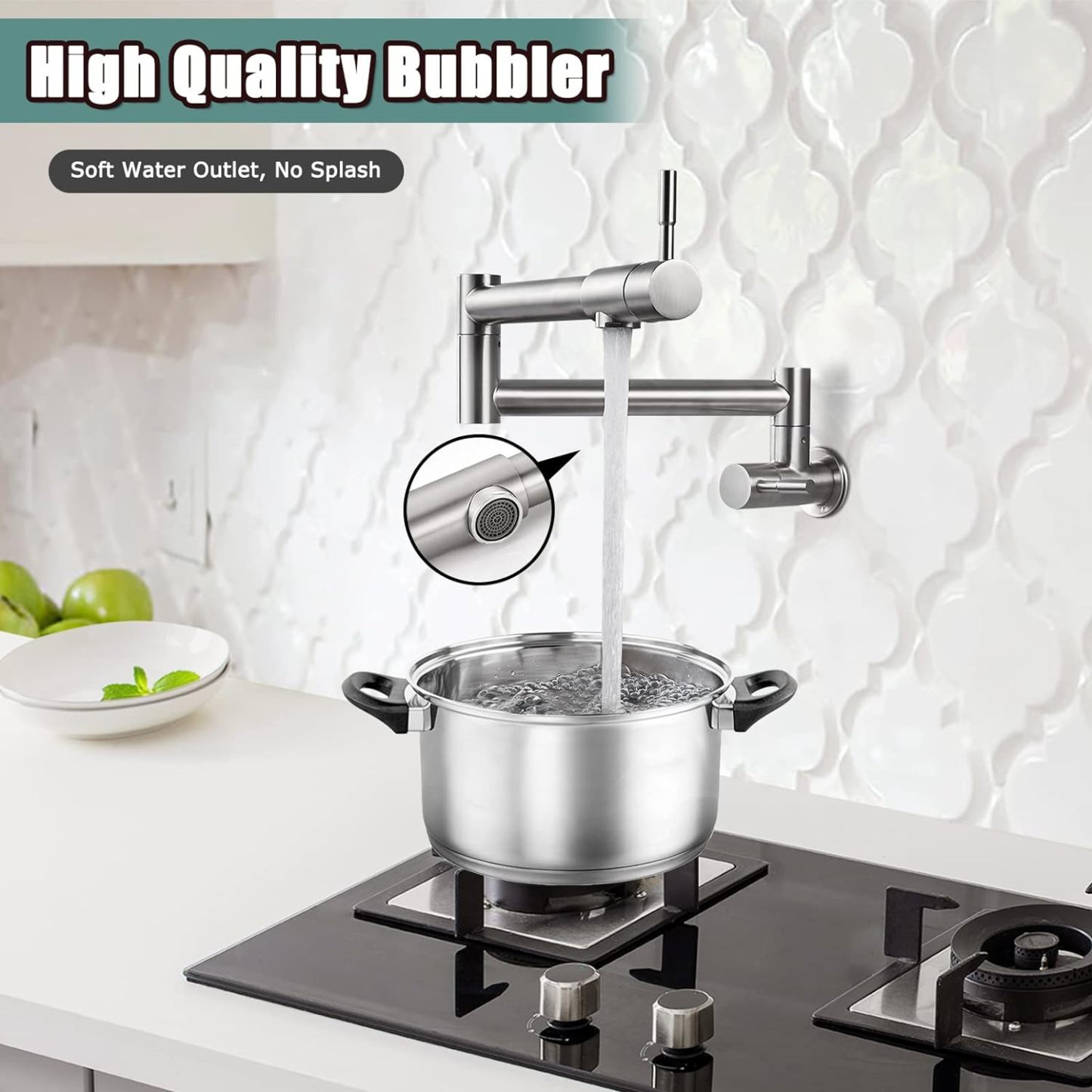 19" Pot Filler Brushed Nickel Wall Mounted Folding Stretchable Kitchen Restaurant Faucet with Double Joint Swing Arm Single Hole Two Handles Commercial NPT Stainless Steel Stove Tap