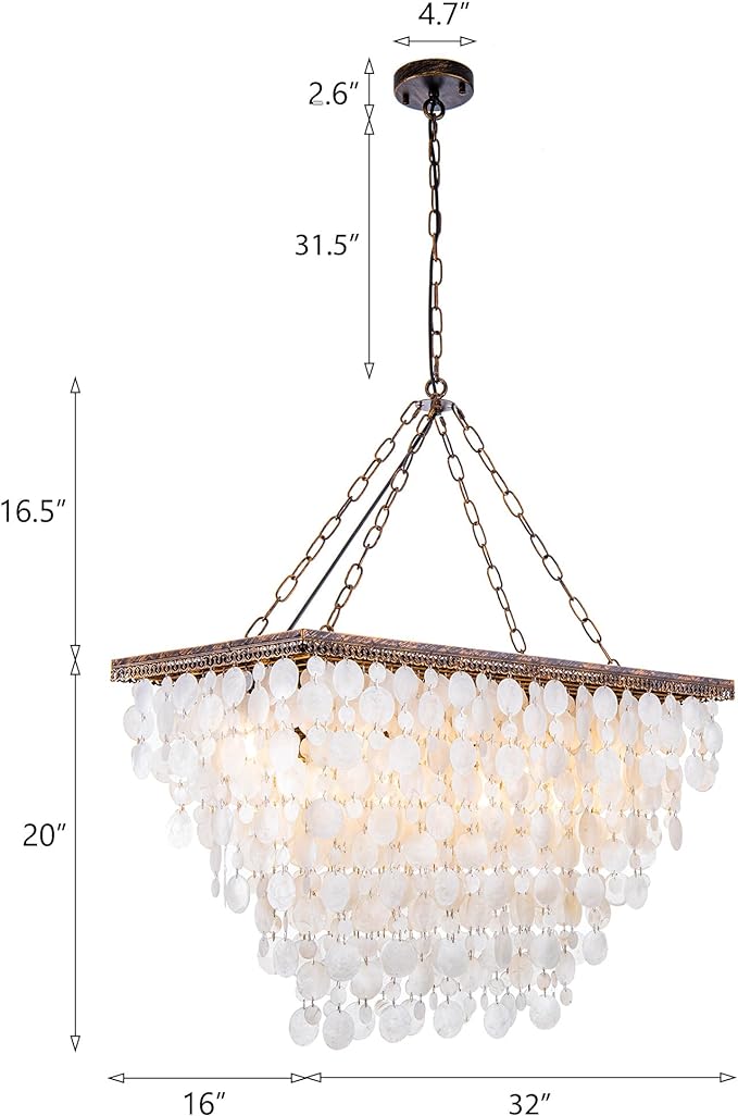 9 Lights Capiz Shell Chandelier for Kitchen Island, Seashell Pendant Light Ceiling Light Fixture, Rectangle Coastal Ceiling Hanging Light
