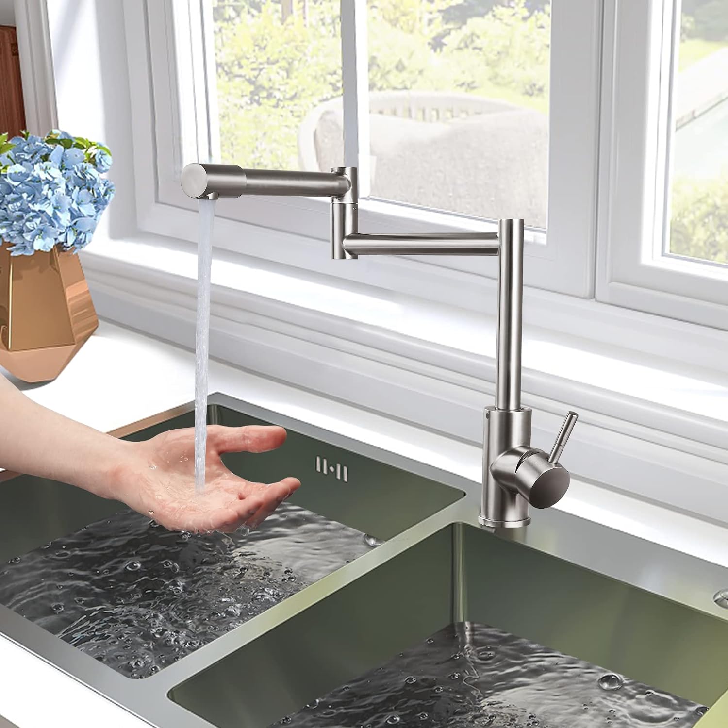 Brushed Nickel Pot Filler Faucet Deck Mounted Single Handle Double Joints Free Rotating Modern Pot Filler Deck Mounted Countertop Retractable Commercial Kitchen Sink Faucet Stainless Steel