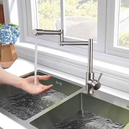 Brushed Nickel Pot Filler Faucet Deck Mounted Single Handle Double Joints Free Rotating Modern Pot Filler Deck Mounted Countertop Retractable Commercial Kitchen Sink Faucet Stainless Steel