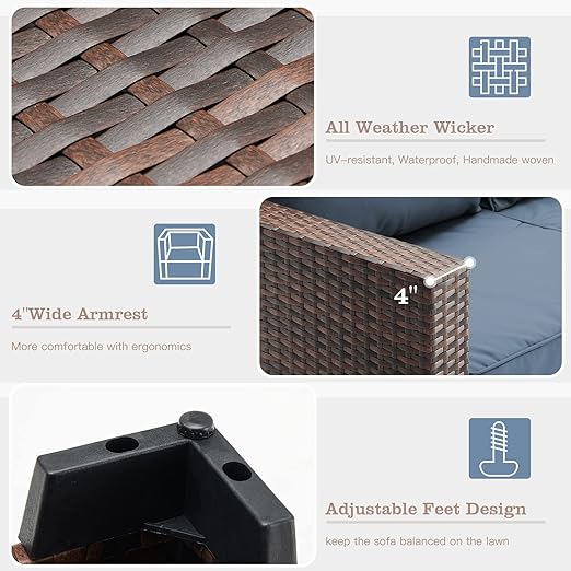 Wide Armrest Outdoor Patio Furniture Set, 5 Piece Patio Sectional Sofa with Storage Table for Backyard, Porch, Balcony, Poolside(Navy Blue)