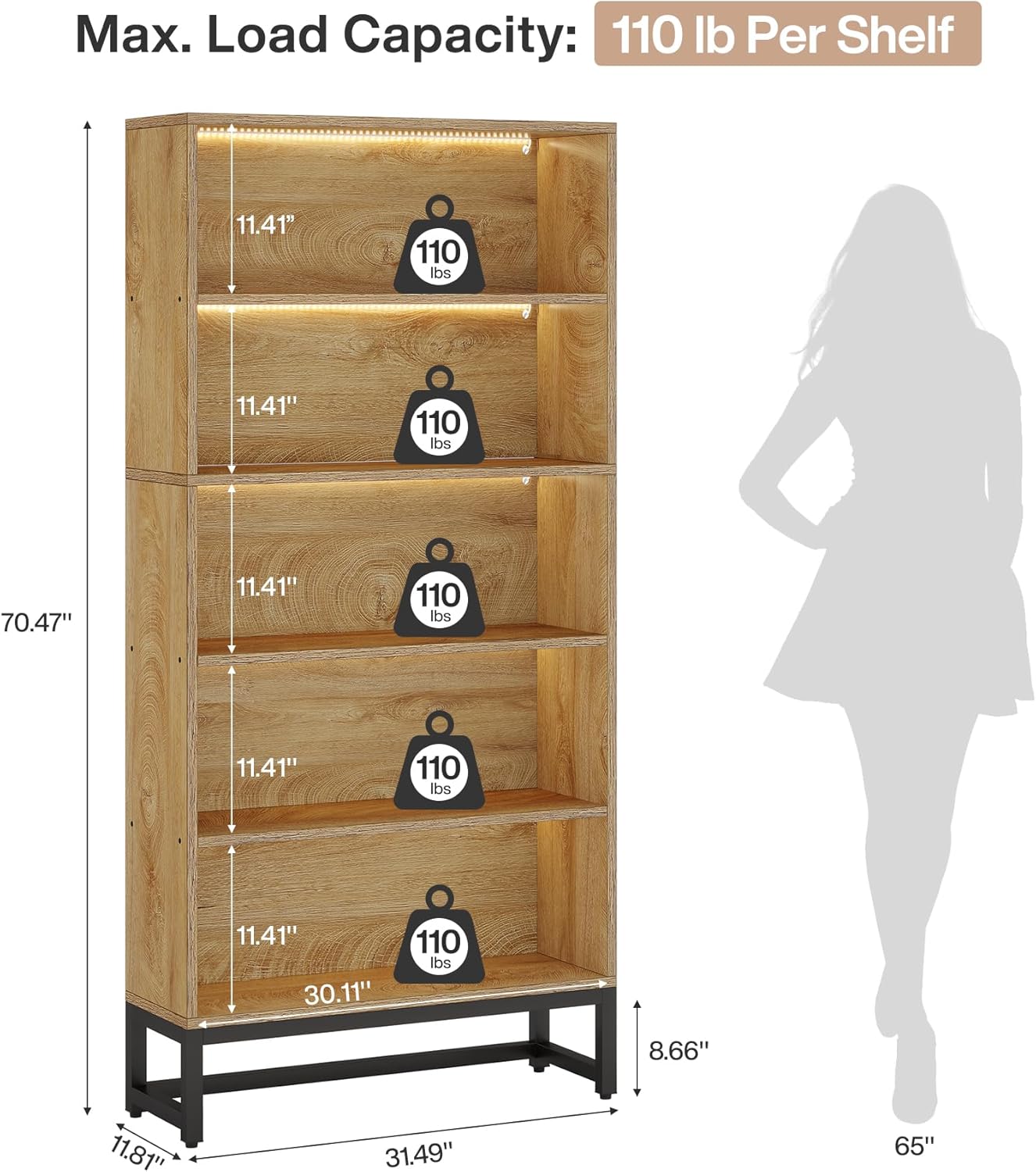 70.8" Large Bookcases Organizer with LED Lights, Heavy Duty Free-Standing Library Bookshelf with 5-Tier Storage Shelves