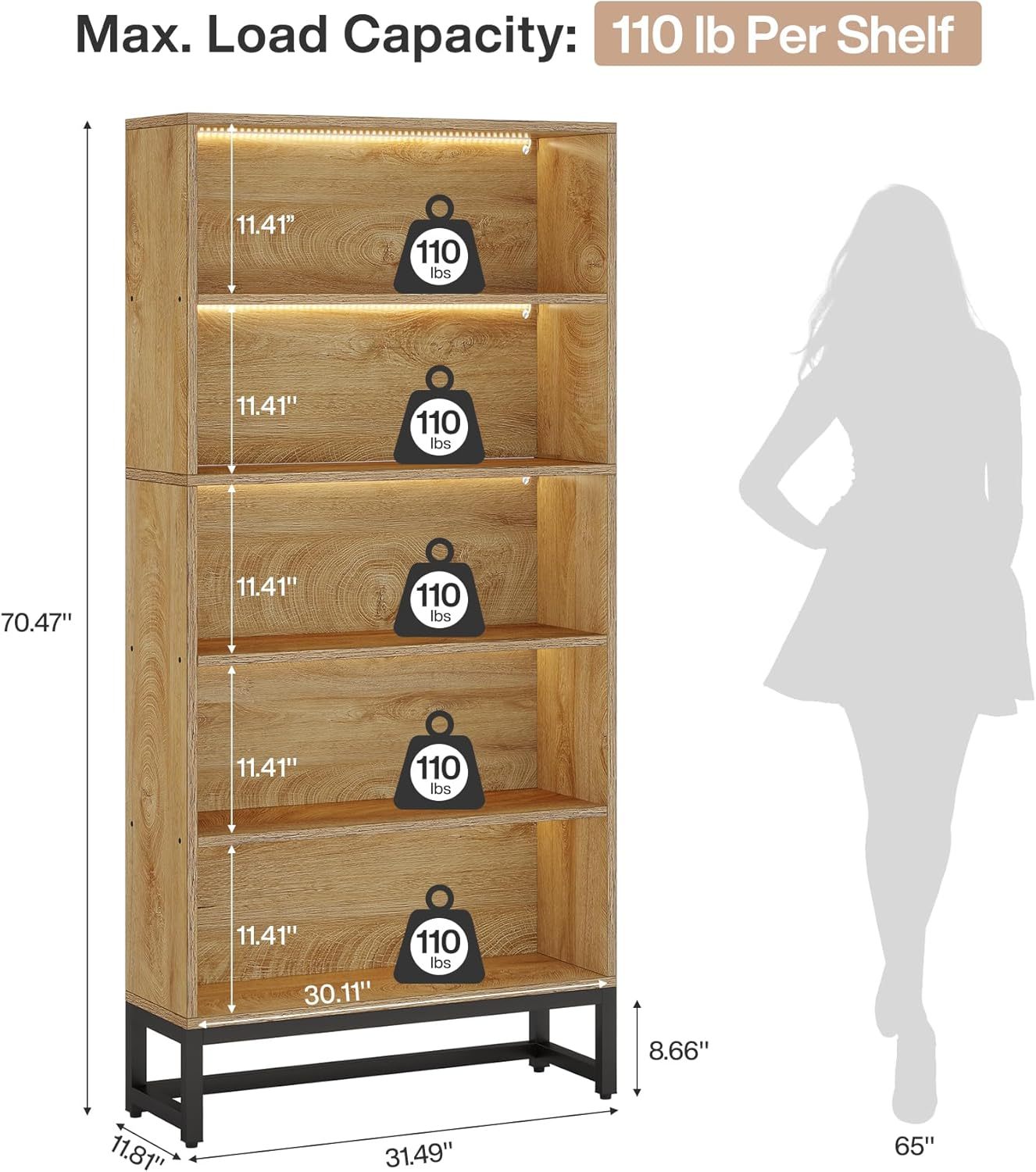 70.8" Large Bookcases Organizer with LED Lights, Heavy Duty Free-Standing Library Bookshelf with 5-Tier Storage Shelves
