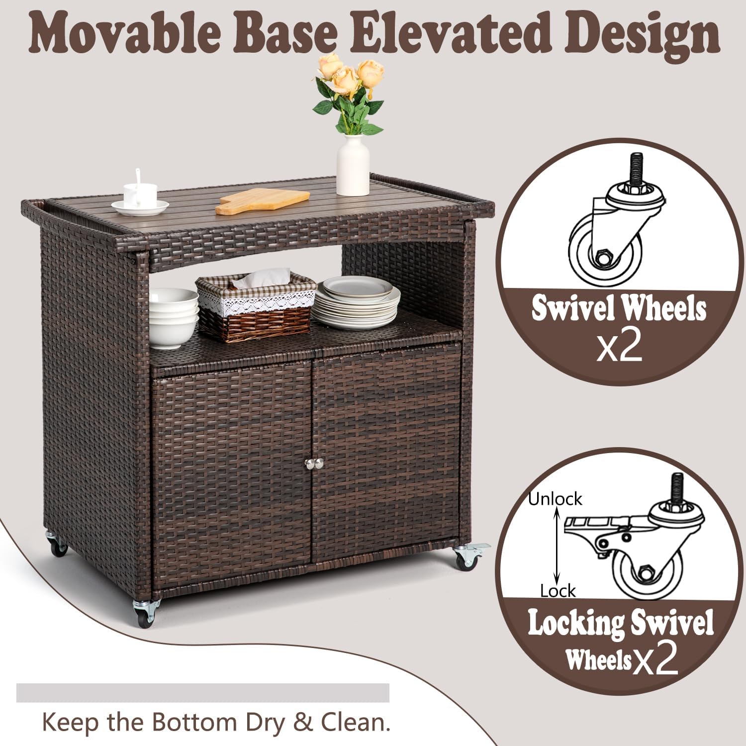 Outdoor Storage Cabinet,Outdoor Cabinet for Patio Bar Cart with Rolling Wheels
