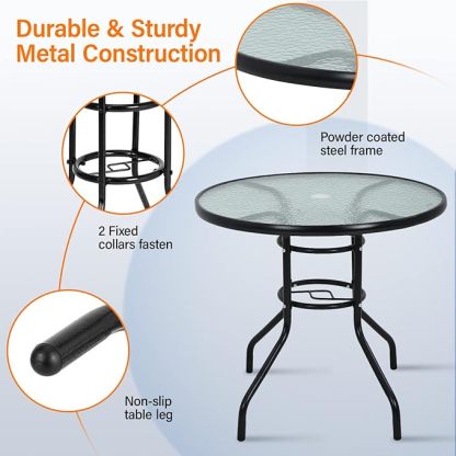 Outdoor Table Patio Table Dining Table with Tempered Glass Umbrella Hole