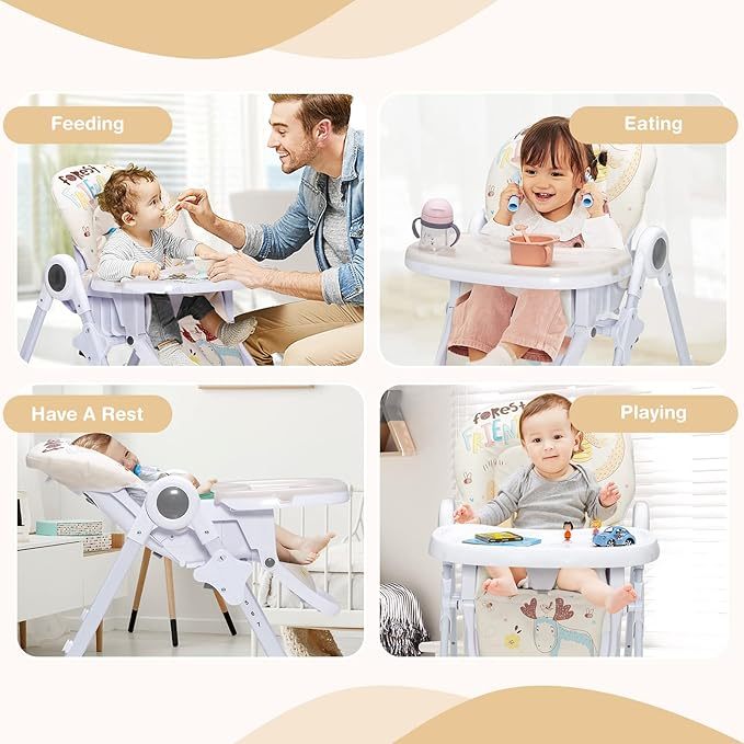 Plastic Foldable Highchair for Babies and Toddlers, 7 Adjustable Heights