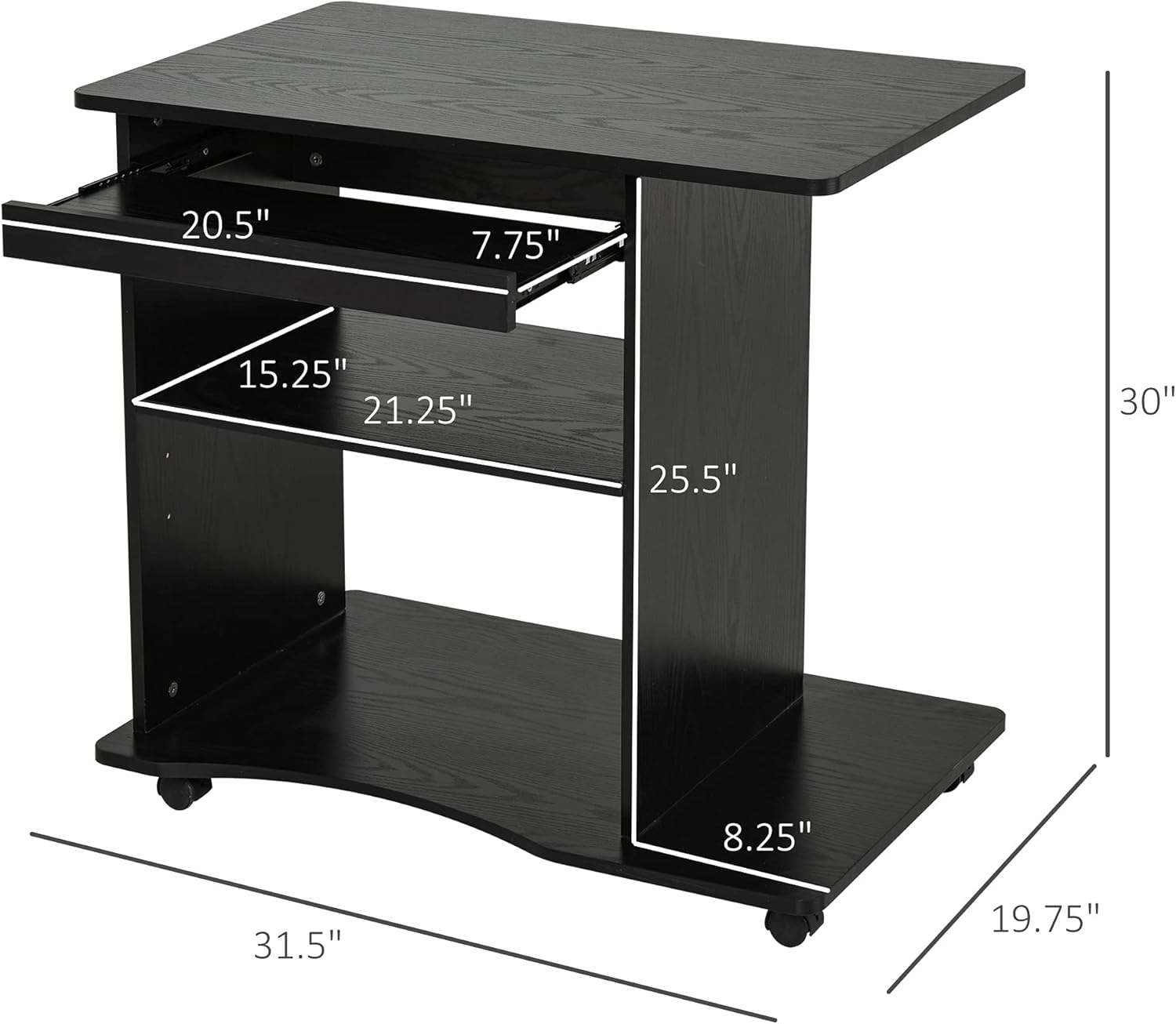 Mobile Small Office Workstation with Slide-Out Keyboard Tray, Adjustable Shelf, & CPU Stand
