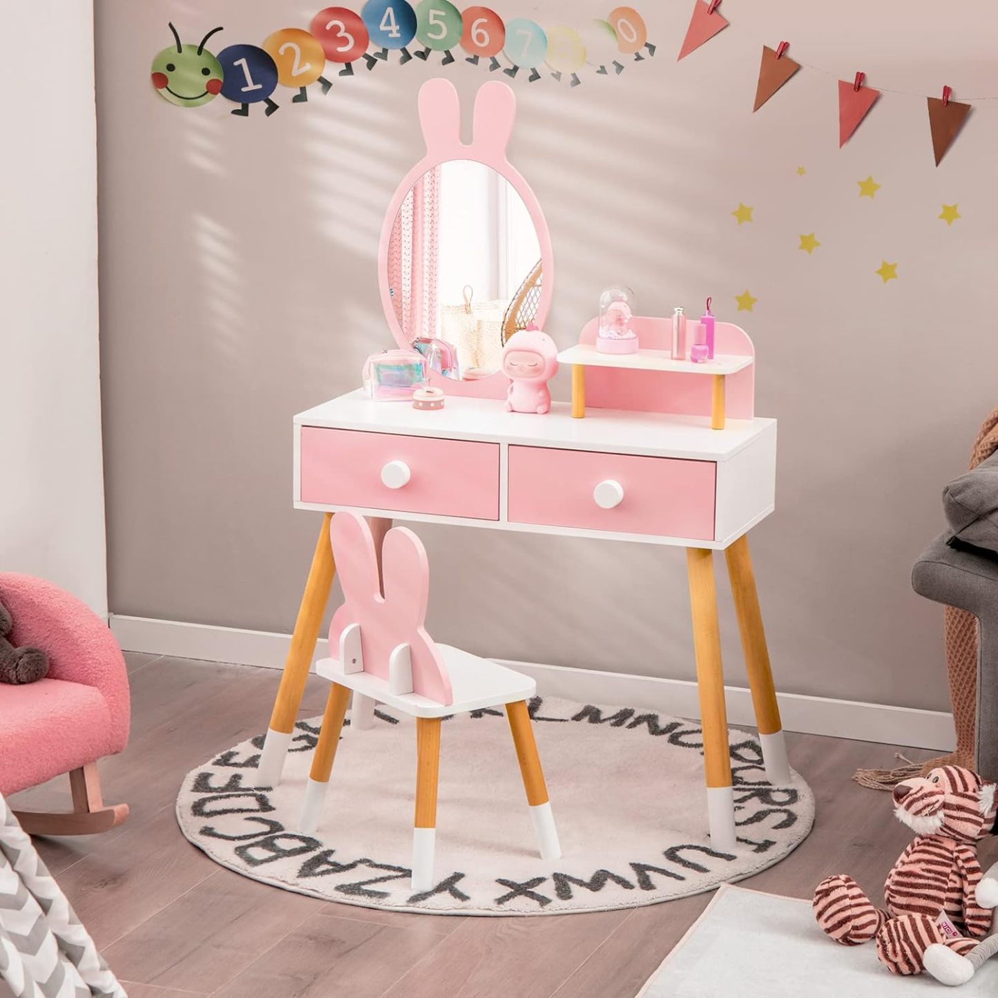Rabbit Themed Toddler Wooden Makeup Table and Chair Set