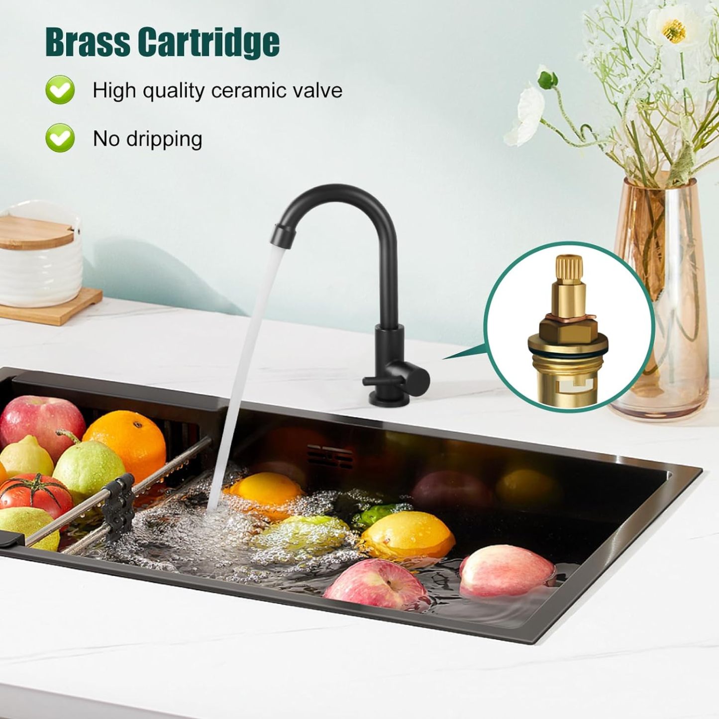 Matte Black Cold Water Only Kitchen Faucet Single Handle 1 Hole Deck Mount 360 Degree Swivel Spout High Arc SUS304 Stainless Steel Sink Bar Tap Goose Neck with Hose(Drain Not Included)