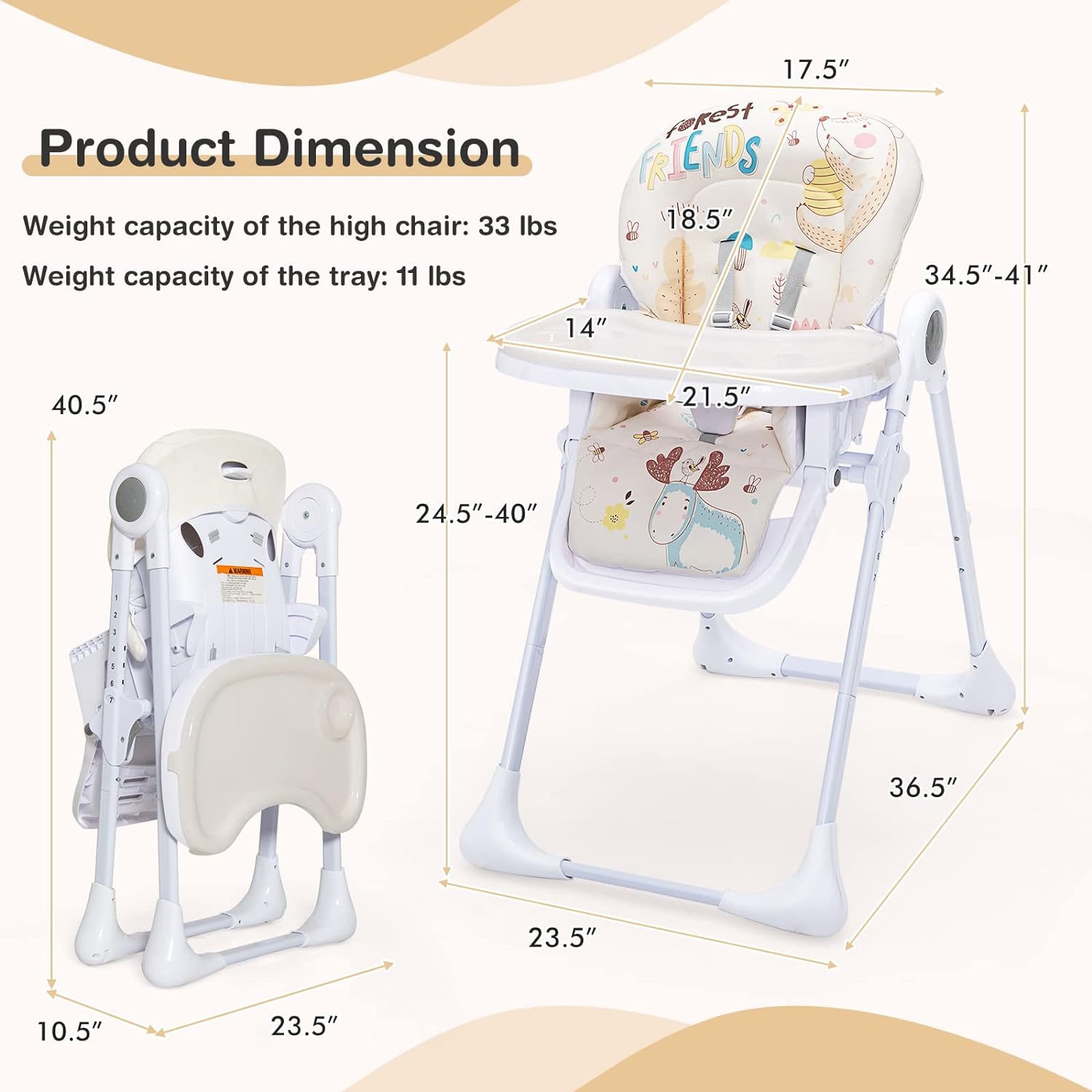 Plastic Foldable Highchair for Babies and Toddlers, 7 Adjustable Heights