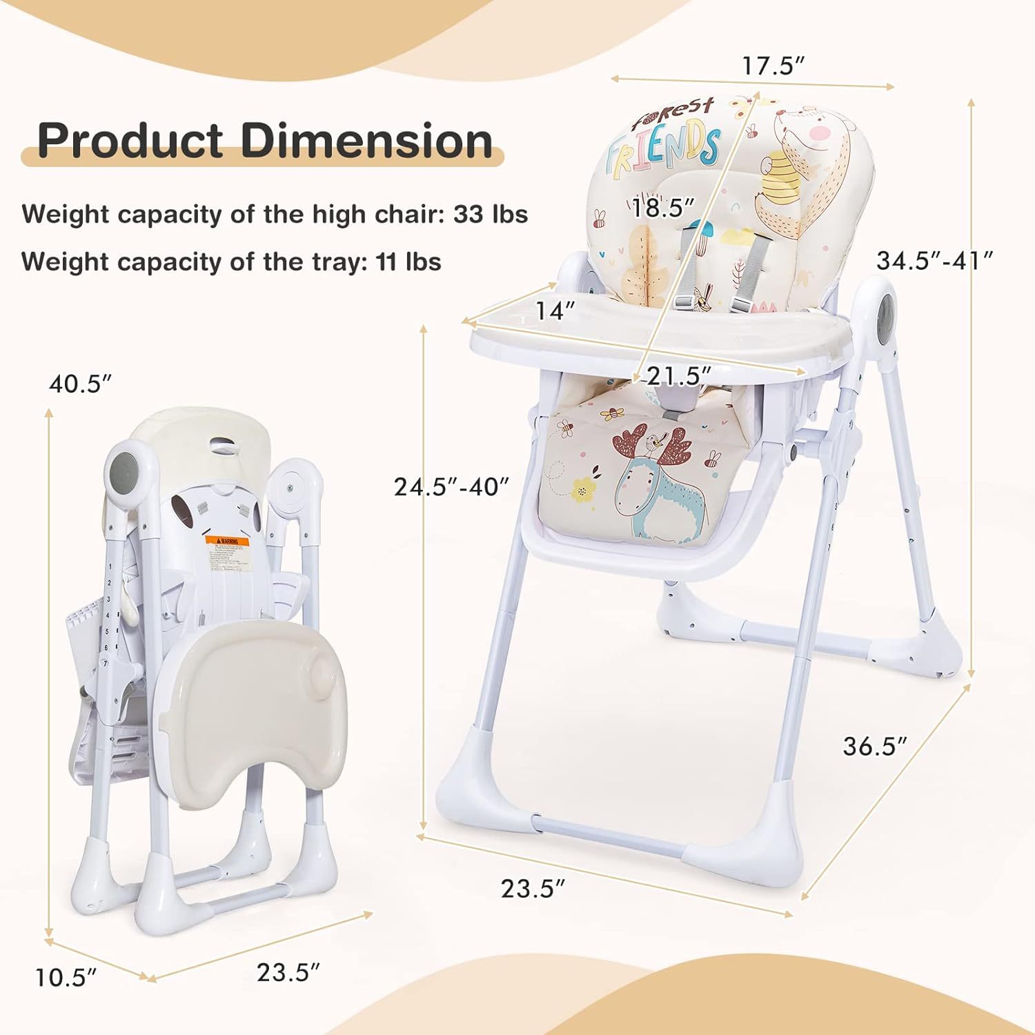 Plastic Foldable Highchair for Babies and Toddlers, 7 Adjustable Heights