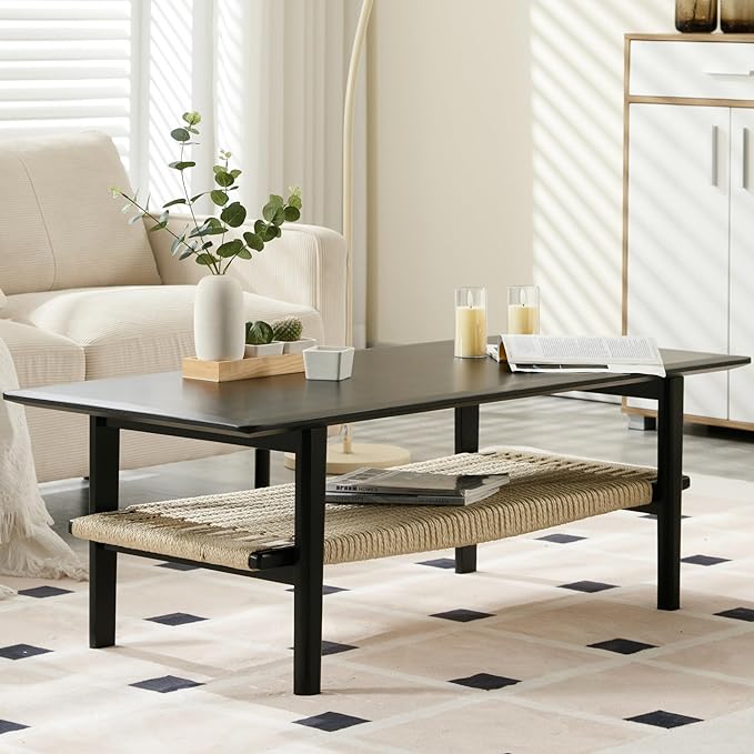 Black Coffee Table with Storage Shelf for Living Room Mid Century Sofa Tables