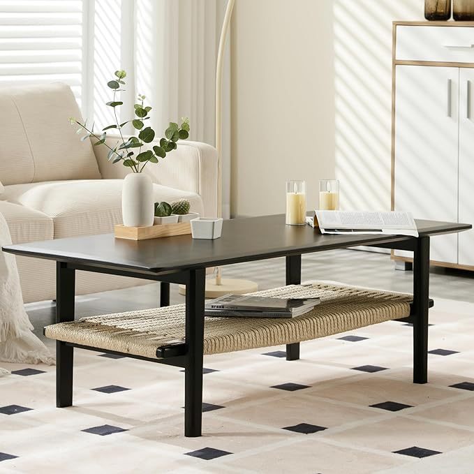 Black Coffee Table with Storage Shelf for Living Room Mid Century Sofa Tables