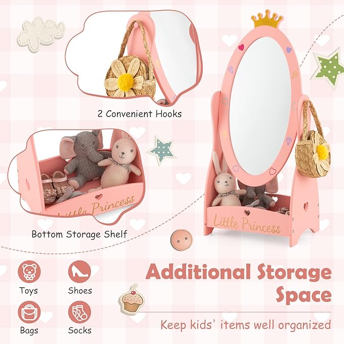 Free-Standing Dressing Mirror w/Bottom Shelf & Storage Box