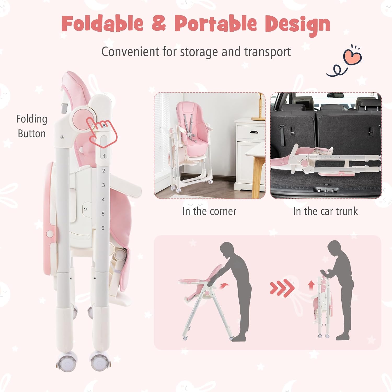 High Chair with Wheels, Foldable Highchair for Babies and Toddlers