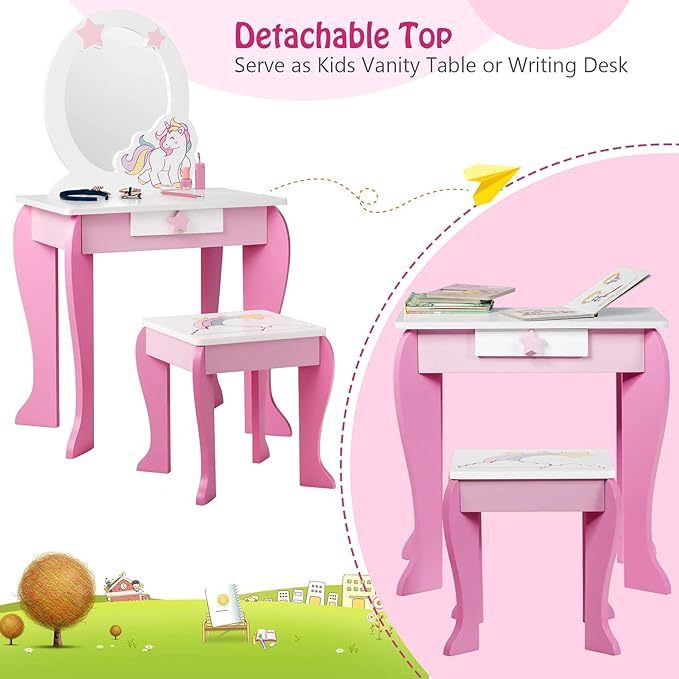 Kids Vanity Set with Mirror, Wooden Princess Makeup Table and Stool Set