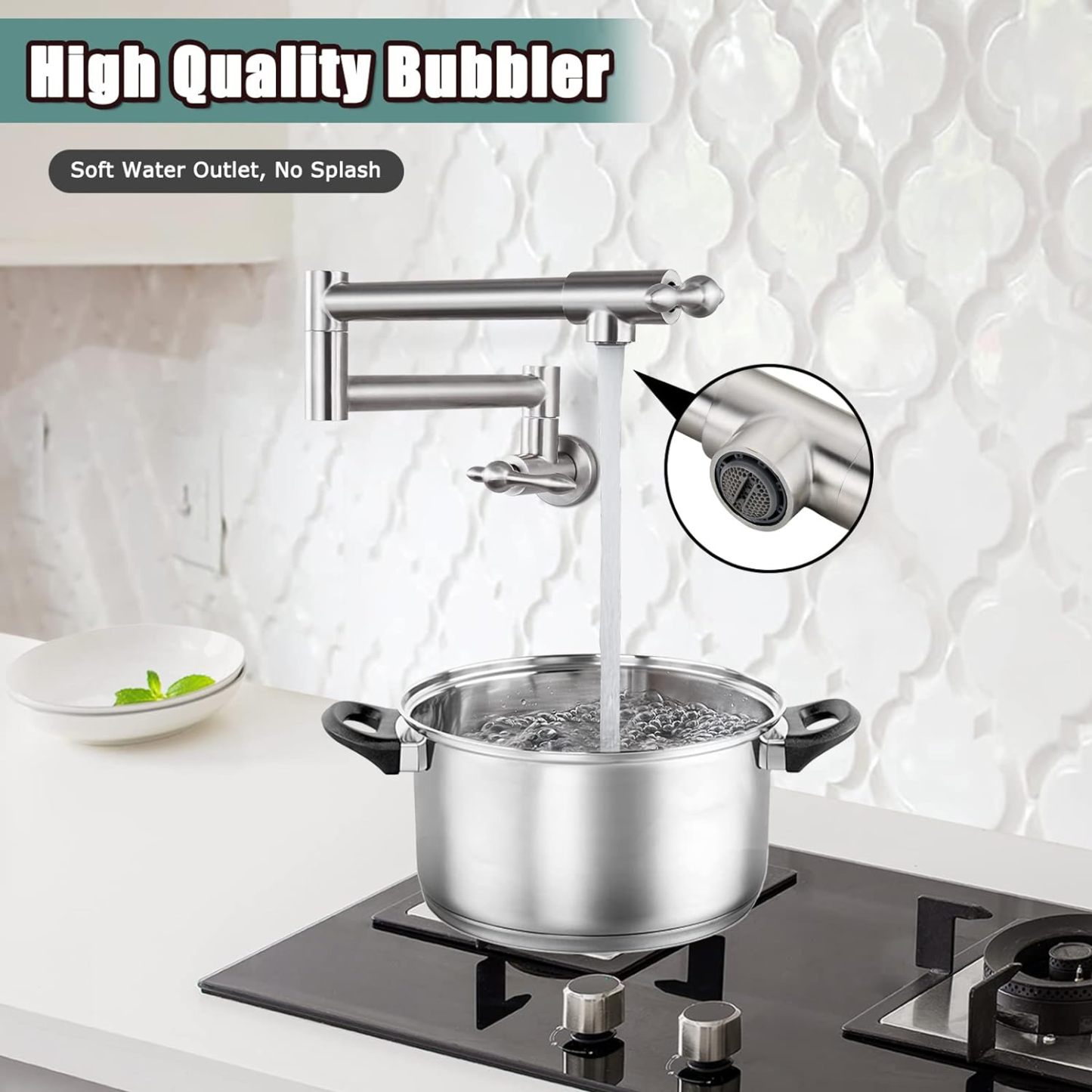 Pot Filler Faucet Stainless Steel SUS304 Brushed Nickel Double Joint Spout Stretchable Swing Arm with Single Hole 19 Inch Two Handles Wall Mounted Commercial Kitchen Faucet