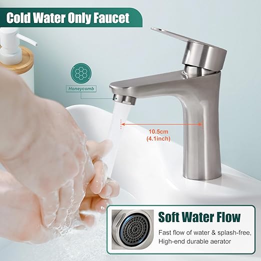 Brushed Nickel Bathroom Faucet Cold Water Only SUS304 Stainless Steel Single Handle One Hole Deck Mounted Lavatory Tap Single Switch 3/8" Hose with Male 3/8" - Female 1/2" Adapter(Drain not Included)