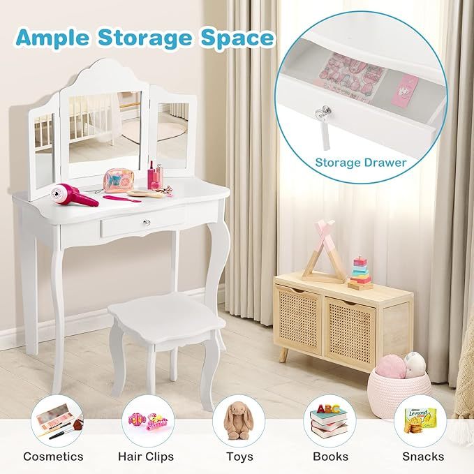 Kids Vanity Set with Mirror, 2-in-1 Wooden Toddler Vanity Table with Stool