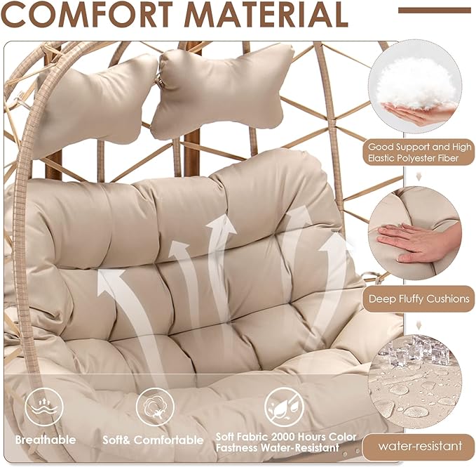 Double Egg Chair with Stand Wicker Swing Chair for 2 Person, Rattan Wicker Hanging Egg Chair