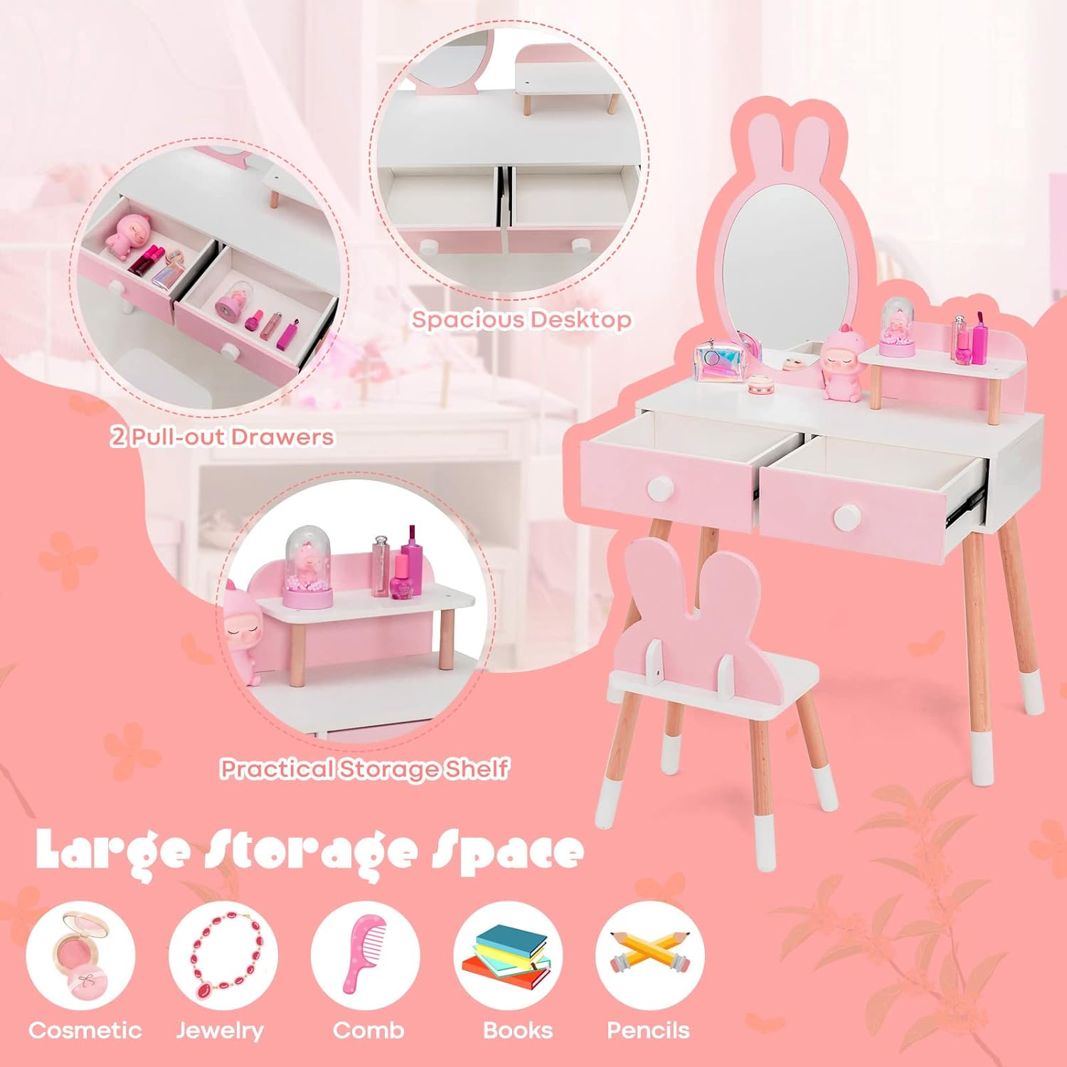 Rabbit Themed Toddler Wooden Makeup Table and Chair Set