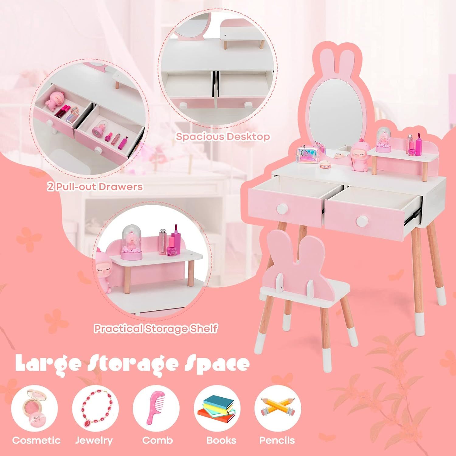 Rabbit Themed Toddler Wooden Makeup Table and Chair Set