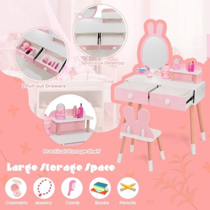 Rabbit Themed Toddler Wooden Makeup Table and Chair Set