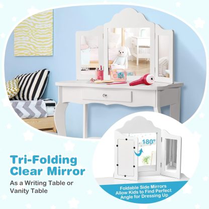 Kids Vanity Set with Mirror, 2-in-1 Wooden Toddler Vanity Table with Stool