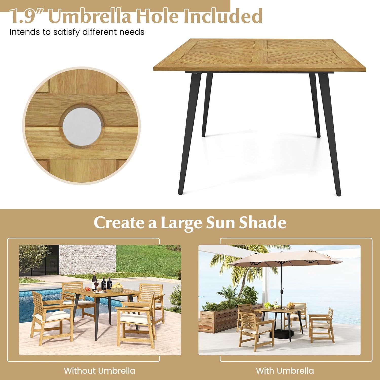 4-Person Outdoor Dining Table, 42.5” Acacia Wood Patio Table with 1.9” Umbrella Hole