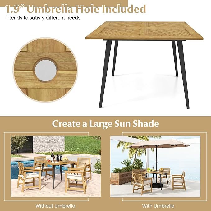 4-Person Outdoor Dining Table, 42.5” Acacia Wood Patio Table with 1.9” Umbrella Hole
