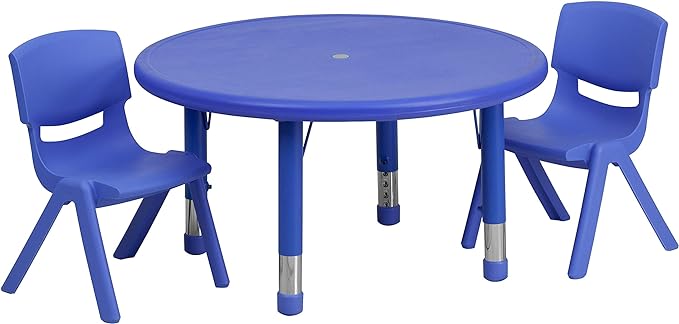 33'' Round Blue Plastic Height Adjustable Activity Table Set with 4 Chairs