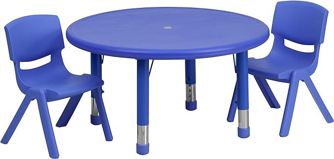33'' Round Blue Plastic Height Adjustable Activity Table Set with 4 Chairs