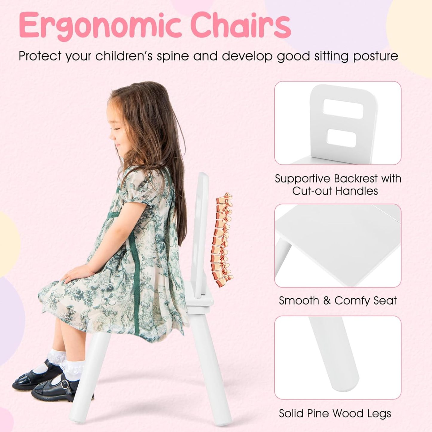 Kids Table and Chair Set, Wooden Children Activity Table and 2 Chairs