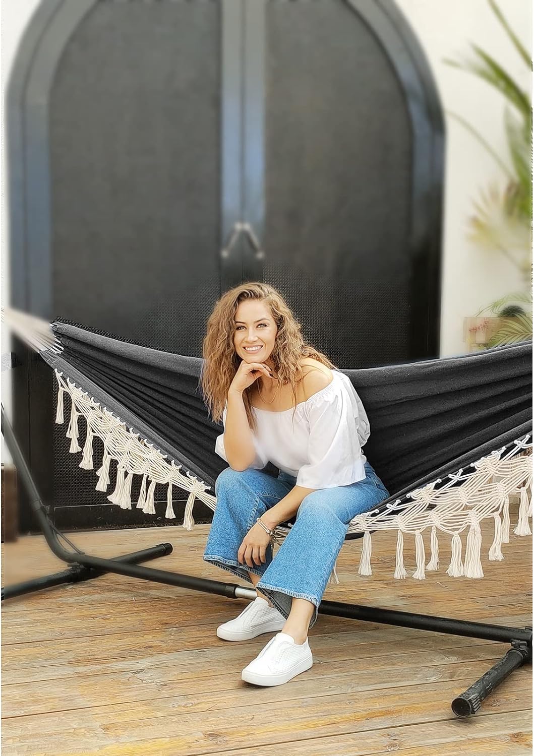 Garden Cotton Hammock Comfortable Fabric Elegant Deluxe Tassels Durable Swing Hammock Up to 450lbs Portable Hammock with Travel Bag,Perfect for Porch Patio Yard Bedroom Outdoor/Indoor