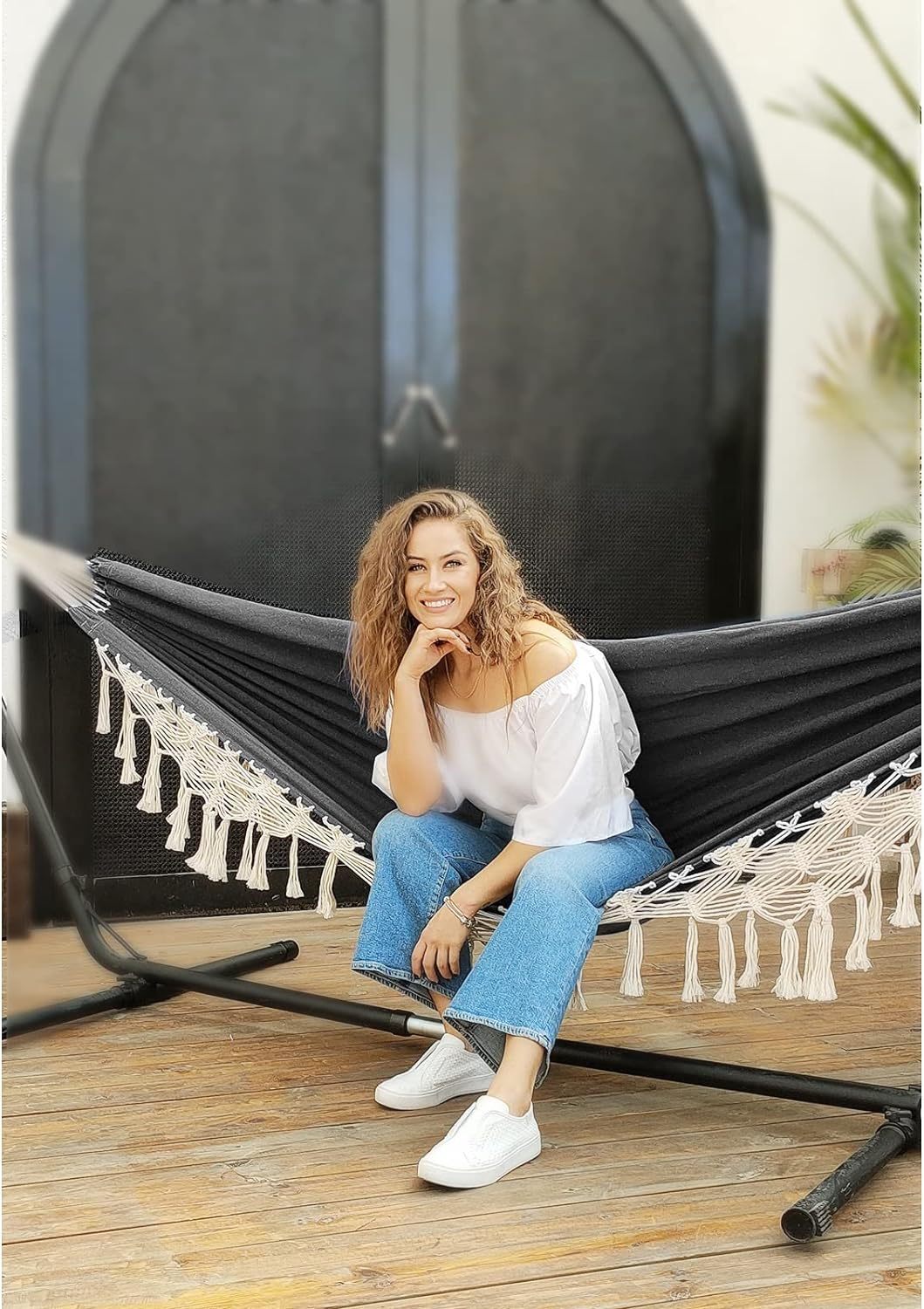 Garden Cotton Hammock Comfortable Fabric Elegant Deluxe Tassels Durable Swing Hammock Up to 450lbs Portable Hammock with Travel Bag,Perfect for Porch Patio Yard Bedroom Outdoor/Indoor