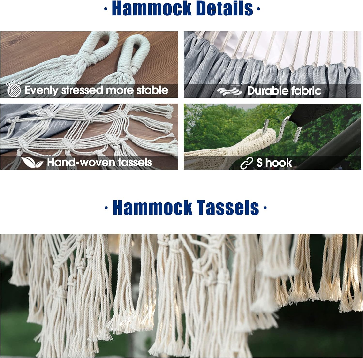 Garden Cotton Hammock Comfortable Fabric Elegant Deluxe Tassels Durable Swing Hammock Up to 450lbs Portable Hammock with Travel Bag,Perfect for Porch Patio Yard Bedroom Outdoor/Indoor