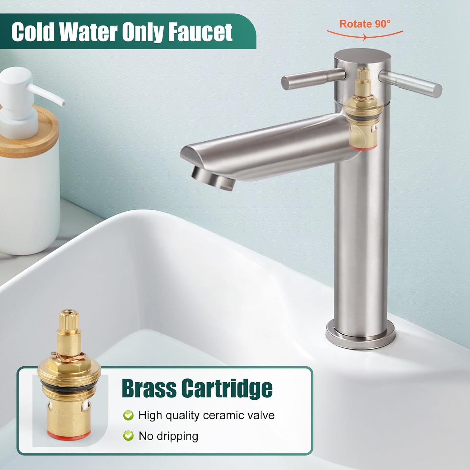 Cold Water Only Bathroom Sink Faucet Stainless Steel SUS304 Brushed Nickel Single Handle One Hole Deck Mount Lavatory Faucet (Drain Not Included)