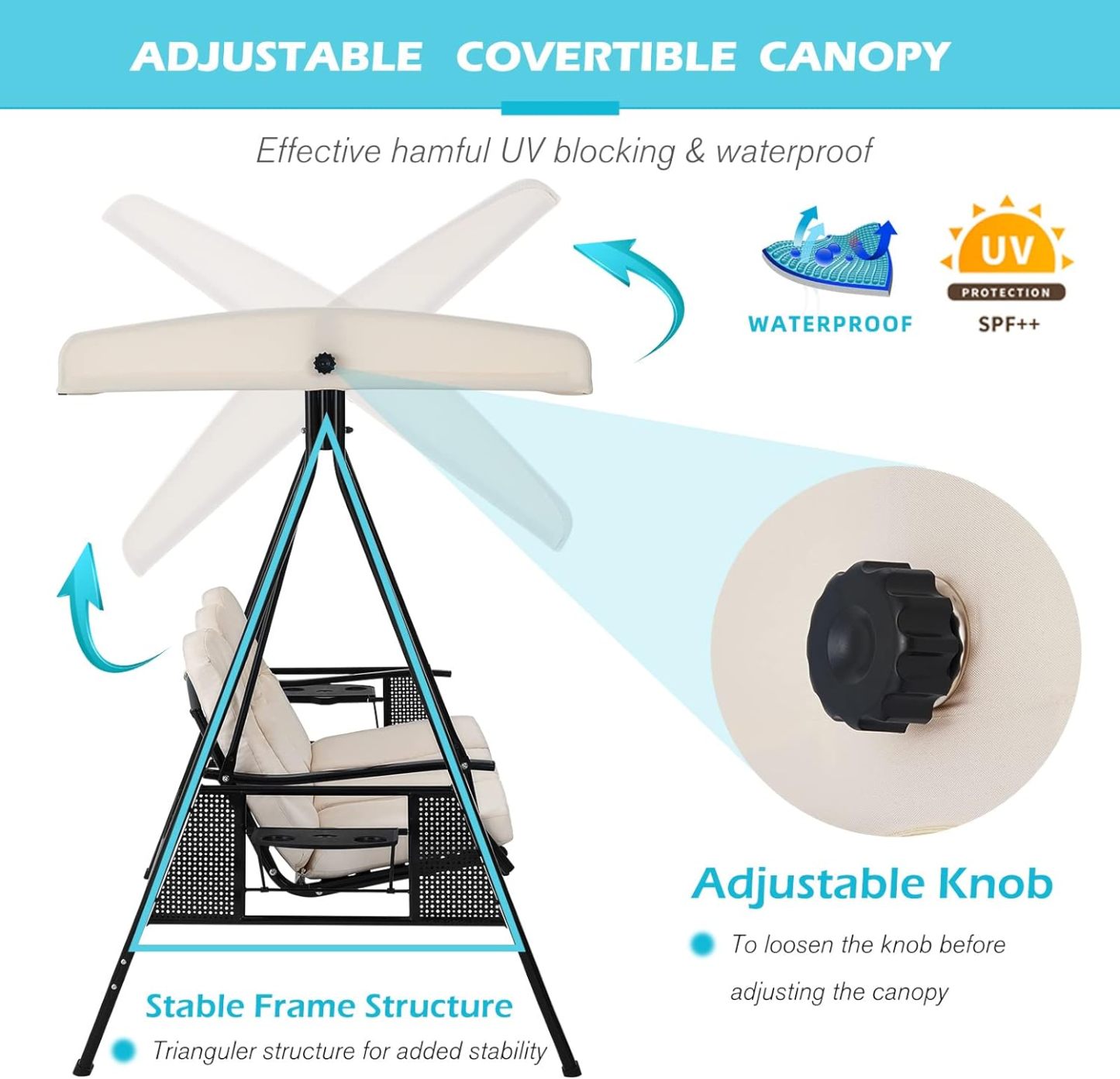 3-Seat Porch Swing Chair, Patio Swing Chair with Stand and Removable Cushions, Outdoor Canopy Swing Chair for Outside, Backyard, Garden(Beige Cushion&Steel Frame)