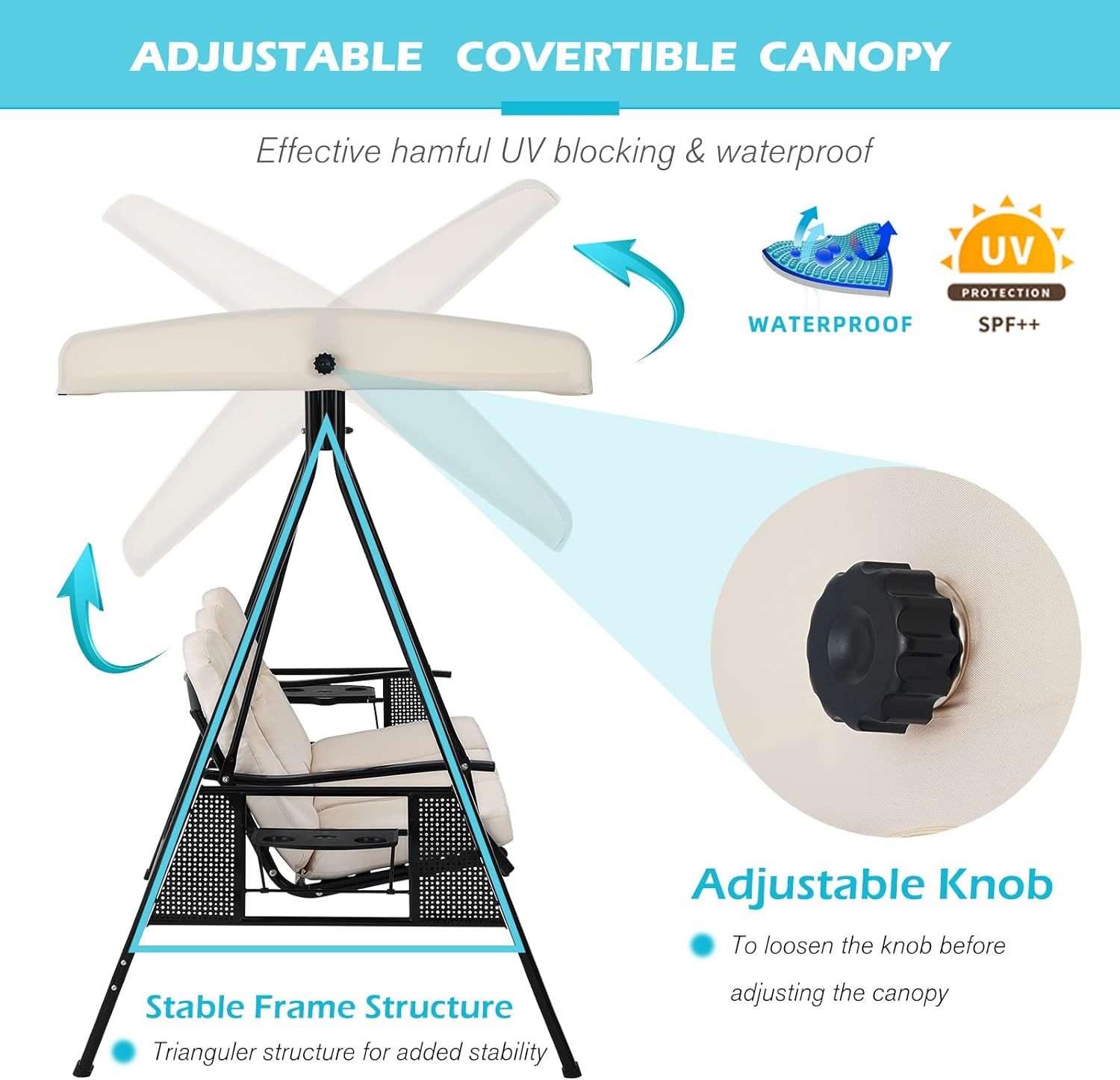 3-Seat Porch Swing Chair, Patio Swing Chair with Stand and Removable Cushions, Outdoor Canopy Swing Chair for Outside, Backyard, Garden(Beige Cushion&Steel Frame)