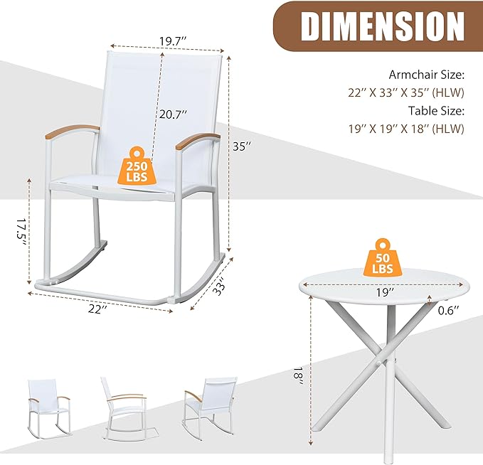 3 Piece Outdoor Rocking Bistro Set, Textilene Fabric Small Outdoor Furniture