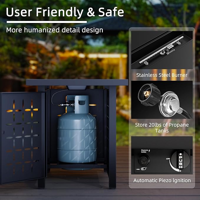 30 inch Propane Fire Pit, Square Gas Fire Pit Table with Grey Ceramic Tile Tabletop and Lid