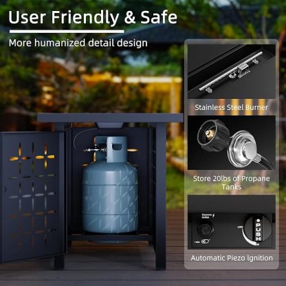 30 inch Propane Fire Pit, Square Gas Fire Pit Table with Grey Ceramic Tile Tabletop and Lid