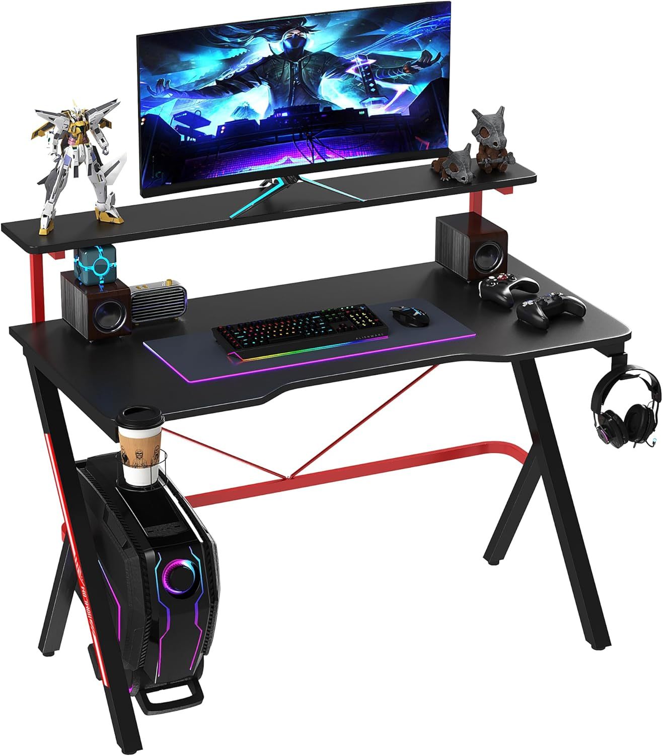 47 Inch Gaming Desk Racing Computer Desk Home Office Workstation with Elevated Monitor Shelf